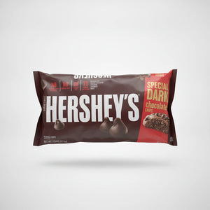 A polished e-commerce product photo of a 12oz bag of Hershey's Special Dark Chocolate Baking Chips, centered on a clean white studio background with soft lighting and shadow.