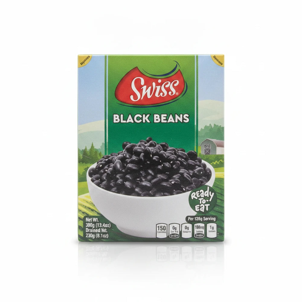 A high-resolution product photo of a 380g box of Swiss Black Beans, centered on a clean white studio background with soft lighting and shadow.