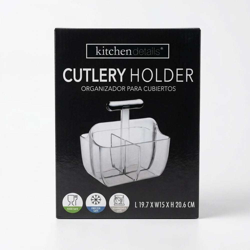 Enhanced Box of Kitchen Details clear cutlery holder with product branding and features