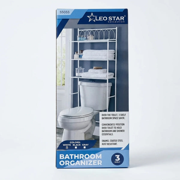 Enhanced Angled view of Leo Star Collection white 3-shelf bathroom organizer on product box