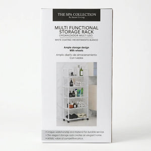 Front of Spa Collection Storage Rack box showing assembled rack in a bathroom setting