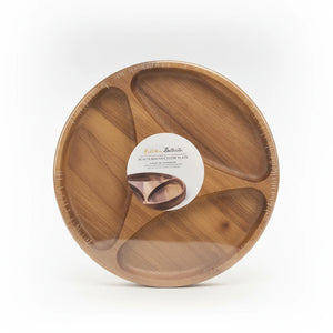 A polished e-commerce product photo of an Acacia Wood Snack Tray with divided sections, centered on a clean white background with soft studio lighting and a subtle contact shadow.