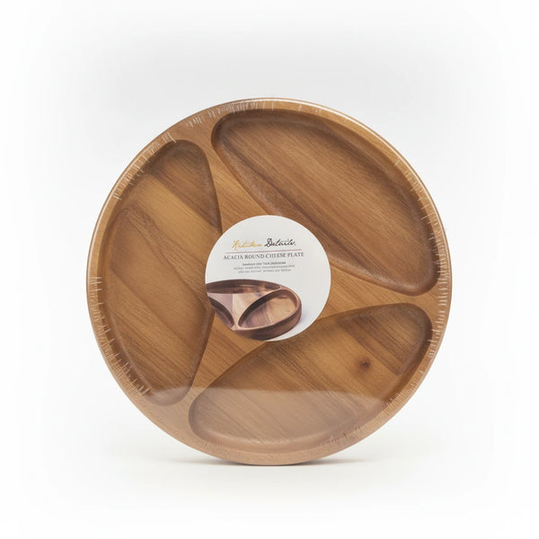 A polished e-commerce product photo of an Acacia Wood Snack Tray with divided sections, centered on a clean white background with soft studio lighting and a subtle contact shadow.
