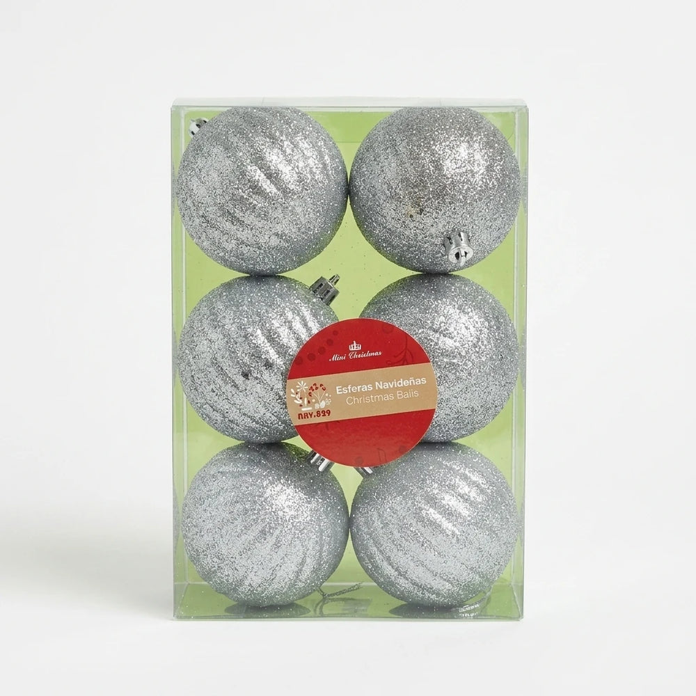 6 Pieces Decorative Silver Glitter Christmas Balls 8cm