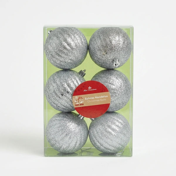 6 Pieces Decorative Silver Glitter Christmas Balls 8cm