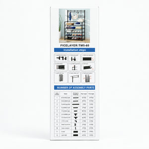 Box with parts list and images for five-tier metal shoe rack assembly