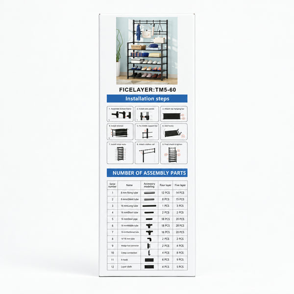 Box with parts list and images for five-tier metal shoe rack assembly