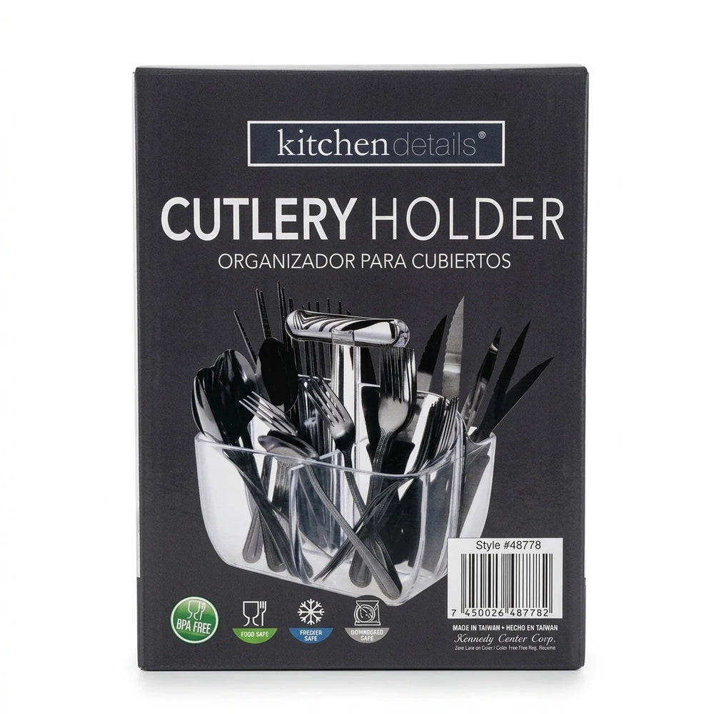 Enhanced Box of Kitchen Details clear cutlery holder with product branding and features