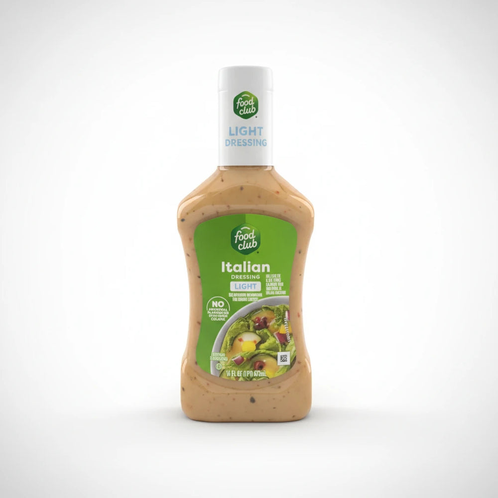 A 16oz bottle of Food Club Light Italian Dressing is centered on a clean white background with soft studio lighting and a subtle shadow.