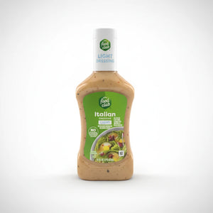 A 16oz bottle of Food Club Light Italian Dressing is centered on a clean white background with soft studio lighting and a subtle shadow.