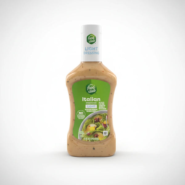 A 16oz bottle of Food Club Light Italian Dressing is centered on a clean white background with soft studio lighting and a subtle shadow.