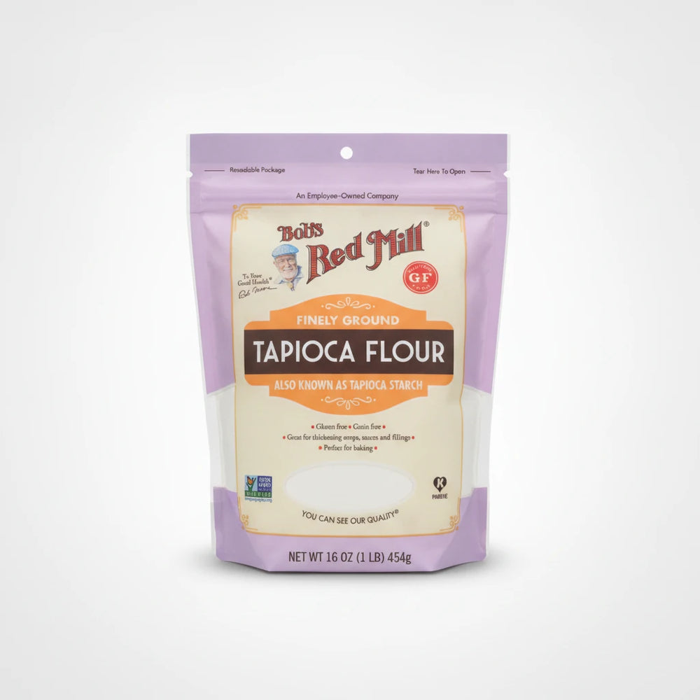 A polished retail product photo of Bob's Red Mill Tapioca Flour - Gluten-Free Baking 16oz, centered on a clean seamless white to very light gray studio background with soft diffused lighting and a realistic contact shadow.