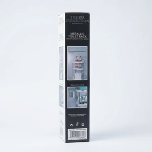 Back view of metallic toilet rack box showing product usage, stability, measurements, and barcode