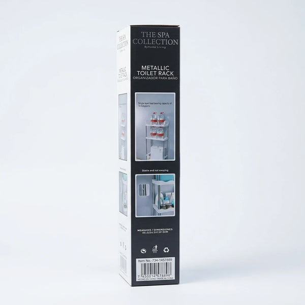 Back view of metallic toilet rack box showing product usage, stability, measurements, and barcode