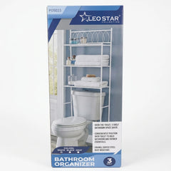 Enhanced Front view of Leo Star Collection white 3-shelf bathroom organizer on product box