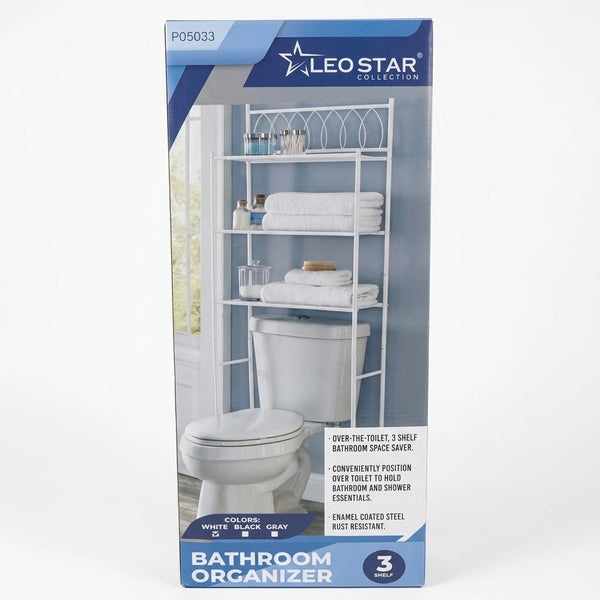 Enhanced Front view of Leo Star Collection white 3-shelf bathroom organizer on product box