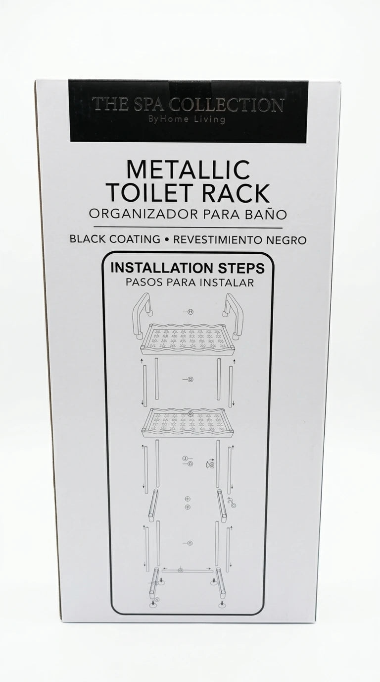 Metallic toilet rack organizer with white coating, with storage shelves over toilet, packaging view