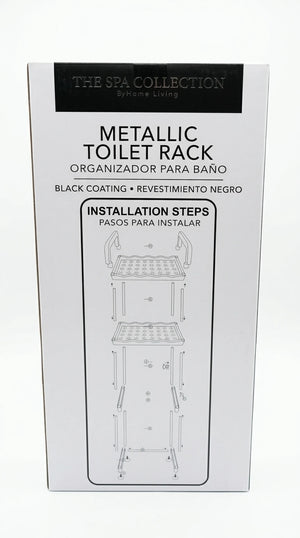 Metallic toilet rack with black coating, installation steps diagram on packaging