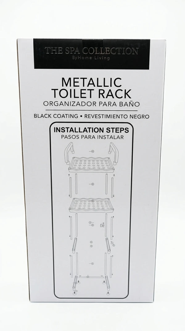 Metallic toilet rack with black coating, installation steps diagram on packaging