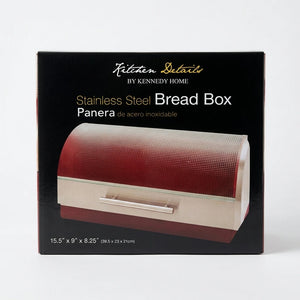 Red stainless steel bread box packaging with Spanish language description