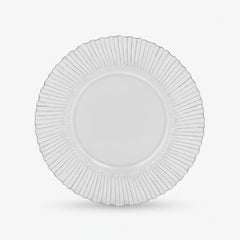 An elegant silver charger plate with a textured, fluted design is centered on a clean white background with soft studio lighting and a subtle shadow.