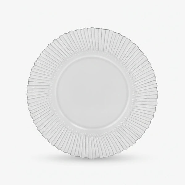 An elegant silver charger plate with a textured, fluted design is centered on a clean white background with soft studio lighting and a subtle shadow.