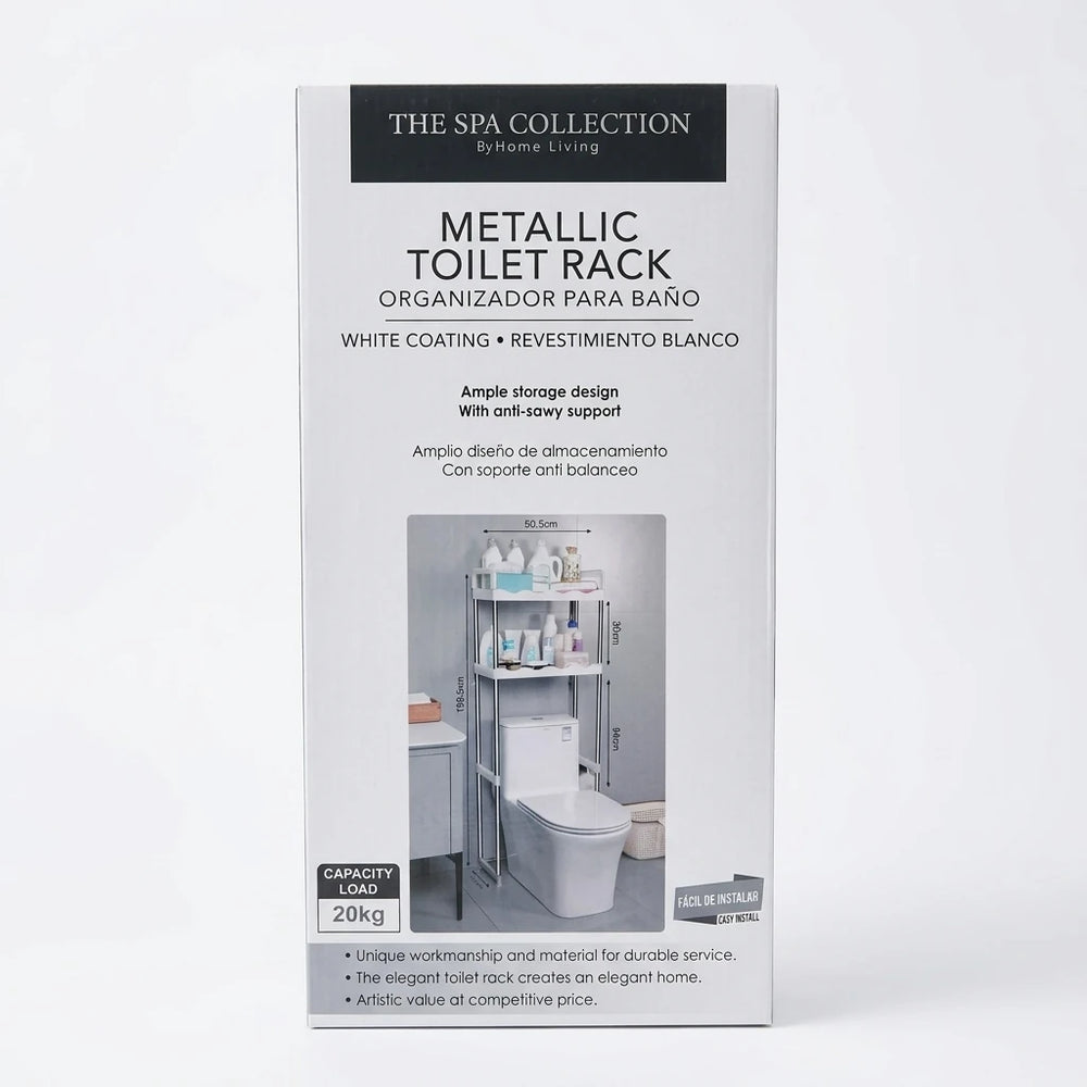 Metallic toilet rack organizer with white coating, with storage shelves over toilet, packaging view