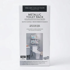 Metallic toilet rack organizer with white coating, with storage shelves over toilet, packaging view