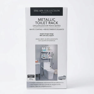 Metallic toilet rack organizer with white coating, with storage shelves over toilet, packaging view