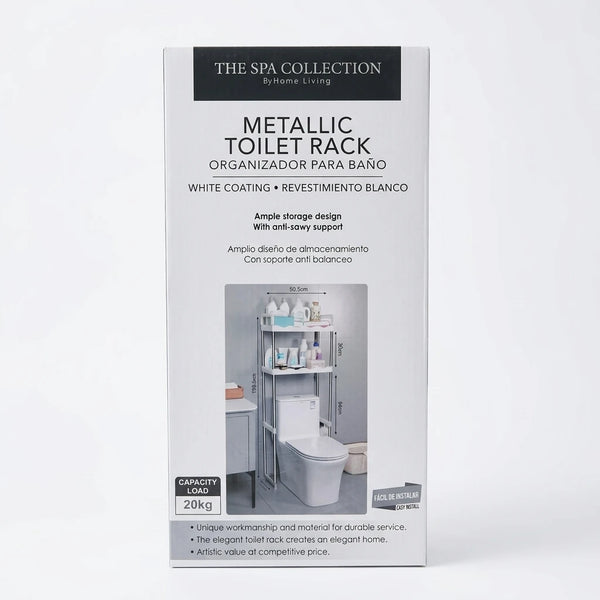 Metallic toilet rack organizer with white coating, with storage shelves over toilet, packaging view