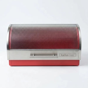 Front view of red and stainless steel bread box with roll-top lid