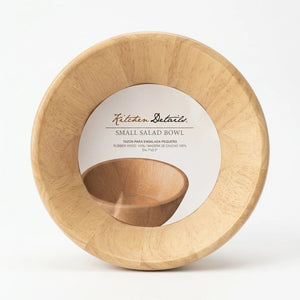 Enhanced Product label inside bowl showing Kitchen Details brand and 100% rubber wood material