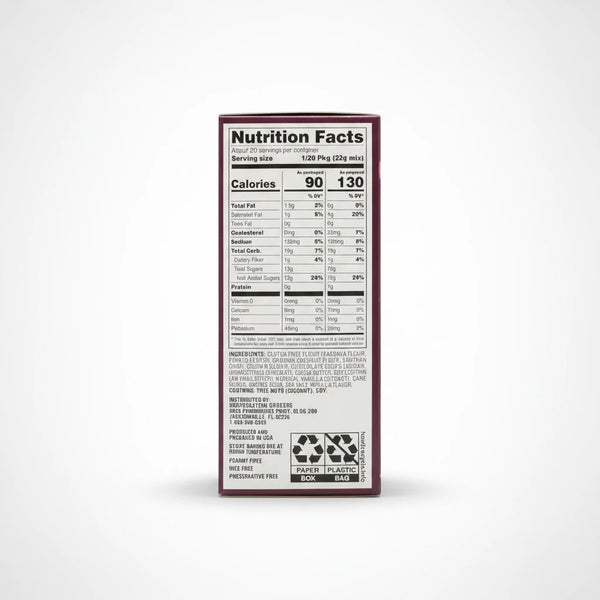 A high-resolution e-commerce product photo of the Know and Love Baking Mix - Gluten Free Chocolate Chip, showcasing its nutrition facts and ingredients on a clean white background.