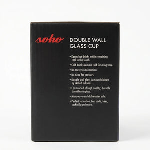 Soho double wall glass cup packaging with product features listed
