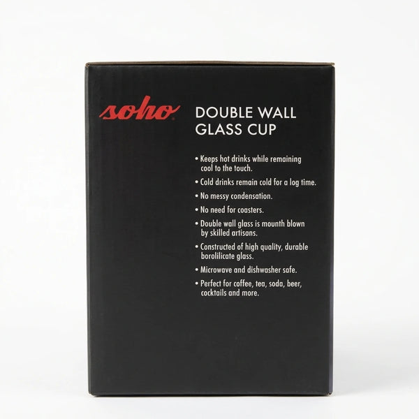 Soho double wall glass cup packaging with product features listed