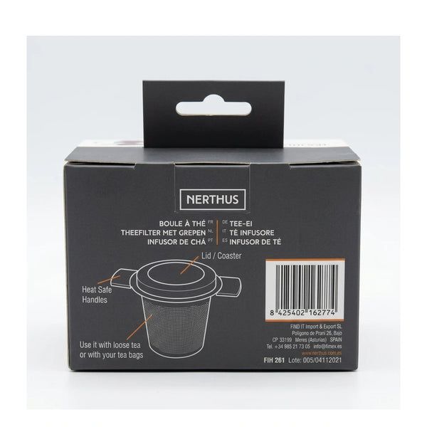 Enhanced Back of Nerthus Tea Infuser packaging with features and barcode