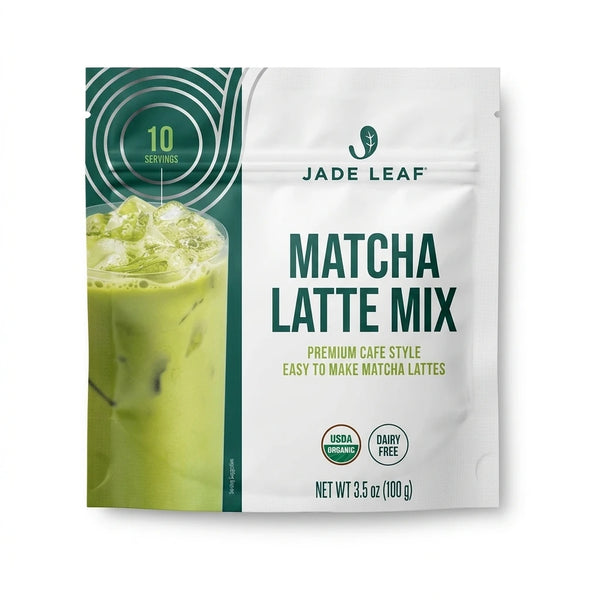 Front of Jade Leaf Matcha Latte Mix pouch showing product information and a glass of iced matcha latte