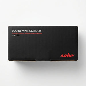Top view of Soho double wall glass cup packaging with 6.83 oz capacity labeled