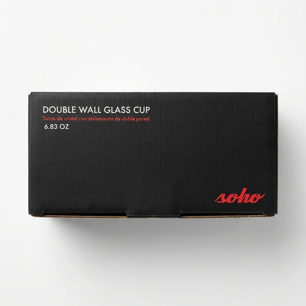 Top view of Soho double wall glass cup packaging with 6.83 oz capacity labeled