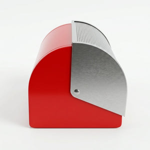 Angled view showing stainless steel and red finish of bread box