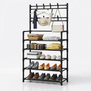 Five-tier metal shoe and storage rack holding shoes and accessories in a room
