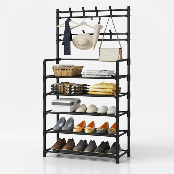 Five-tier metal shoe and storage rack holding shoes and accessories in a room