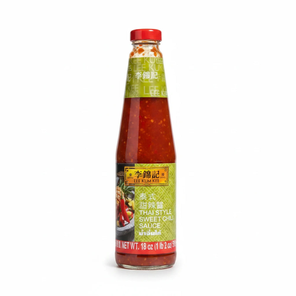 A bottle of Lee Kum Kee Sweet Chili Sauce – Mild Heat 18oz, featuring a red cap and a green label with product details, centered on a clean white background with a soft shadow.