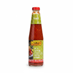 A bottle of Lee Kum Kee Sweet Chili Sauce – Mild Heat 18oz, featuring a red cap and a green label with product details, centered on a clean white background with a soft shadow.