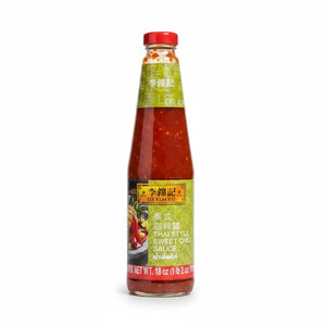 A bottle of Lee Kum Kee Sweet Chili Sauce – Mild Heat 18oz, featuring a red cap and a green label with product details, centered on a clean white background with a soft shadow.