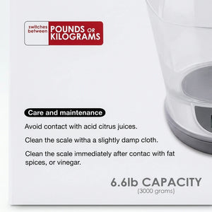 Enhanced Closeup of Kennedy Measuring Cup Scale box showing switch units and care instructions