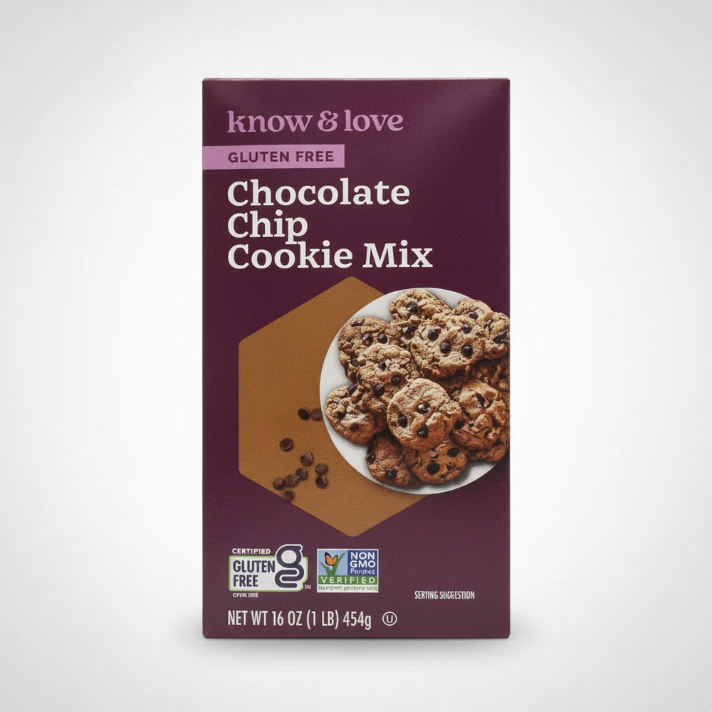 A high-resolution product photo of Know and Love Gluten Free Chocolate Chip Cookie Mix on a clean white to light gray studio background.