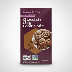 A high-resolution product photo of Know and Love Gluten Free Chocolate Chip Cookie Mix on a clean white to light gray studio background.