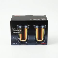 Front view of Soho double wall glass cup set packaging with two cups filled