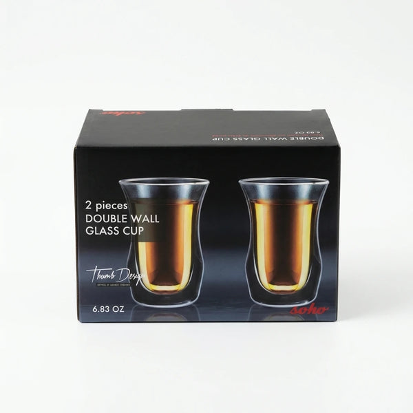 Front view of Soho double wall glass cup set packaging with two cups filled